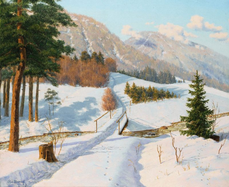 Winter landscape with hills and snow by Boris Vasilievich Bessonov, medium unknown.