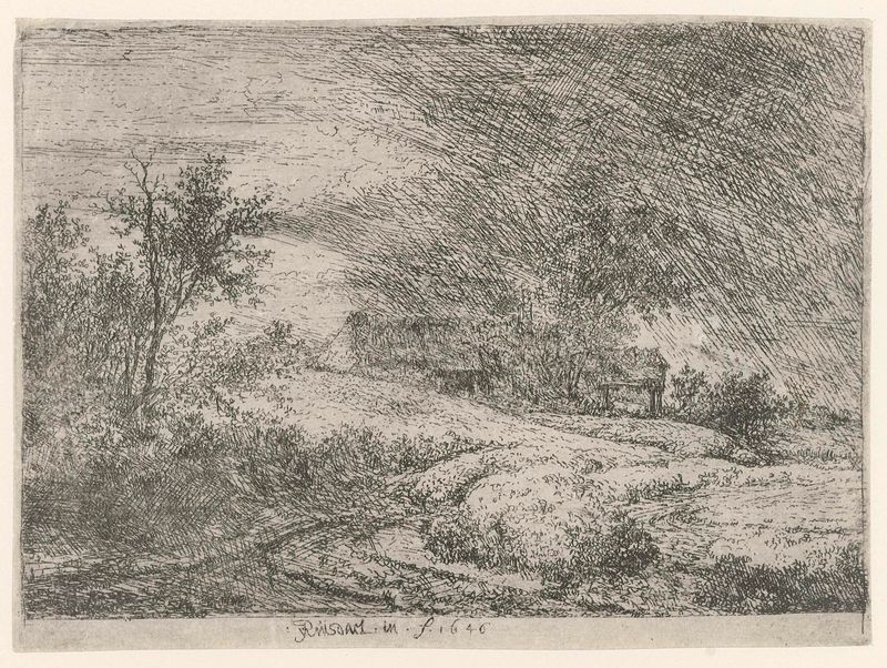 Landschap met een boerderij, etching by Jacob Isaacksz van Ruisdael depicting a rural landscape with a farmstead.