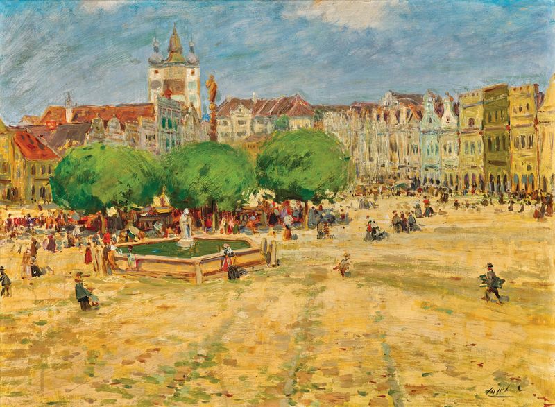 Market Square in Telc, South Bohemia by Stanislav Lolek, impressionism