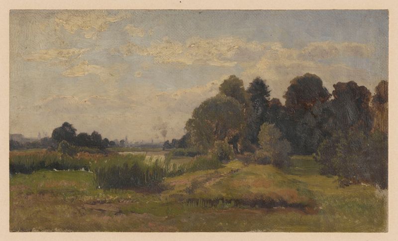 Meadow near Jelcz de Adolf Dressler, óleo sobre lienzo que representa un paisaje exuberante con árboles y luz suave.