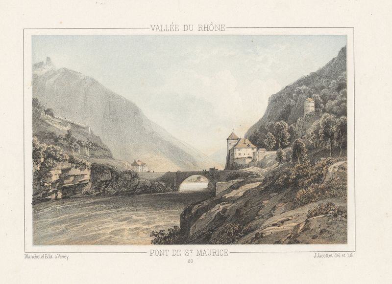 Pont de St. Maurice de Jean Jacottet, óleo sobre tela mostrando uma ponte sobre a água