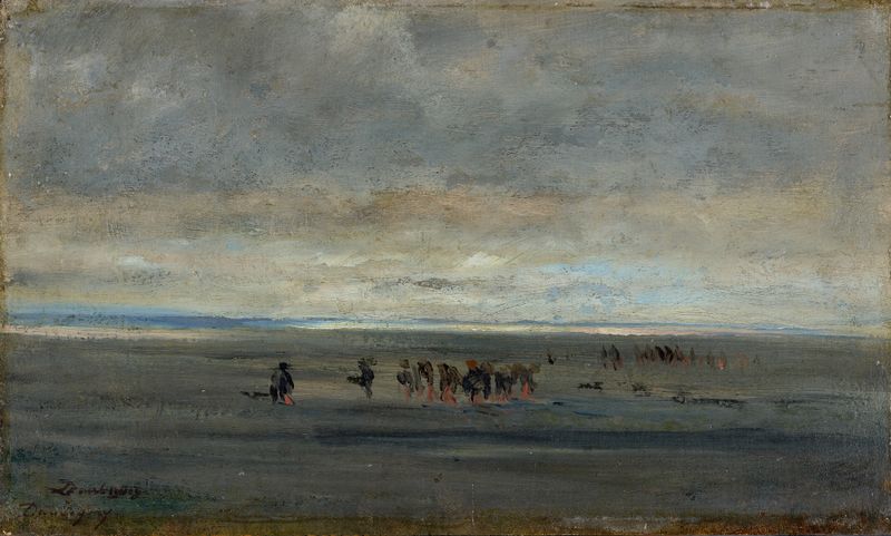Clam Diggers de Charles François Daubigny, óleo sobre lienzo que muestra figuras en arenas de marea.