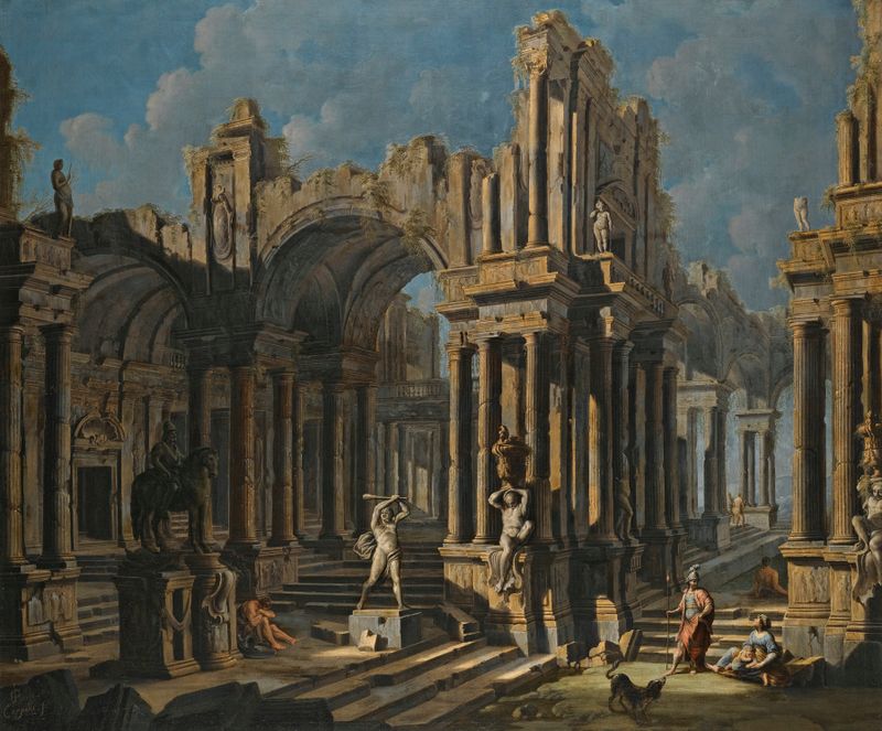 Óleo sobre lienzo de Pietro Capelli que muestra la estatua de Hércules y figuras clásicas.