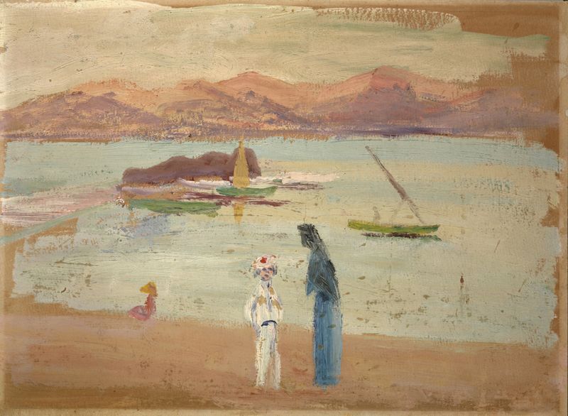 Matrosenjunge, kleine Boote und Meeresarm de Ernst Schiess, pintura a óleo que mostra um jovem marinheiro ao mar.