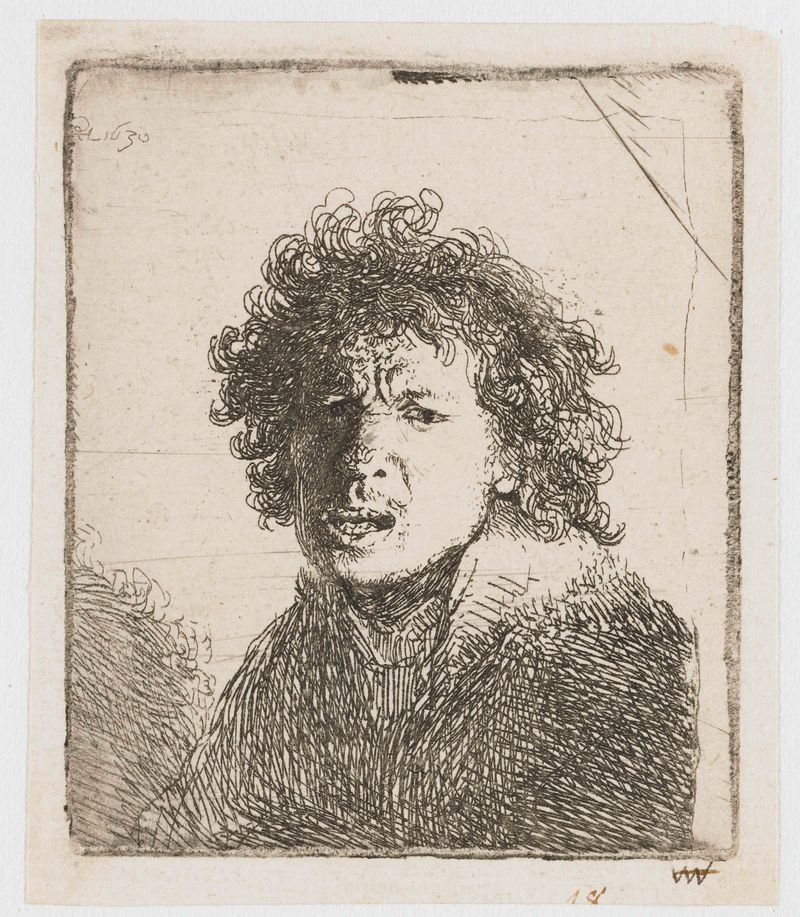 Autorretrato con la boca abierta grabado de Rembrandt van Rijn