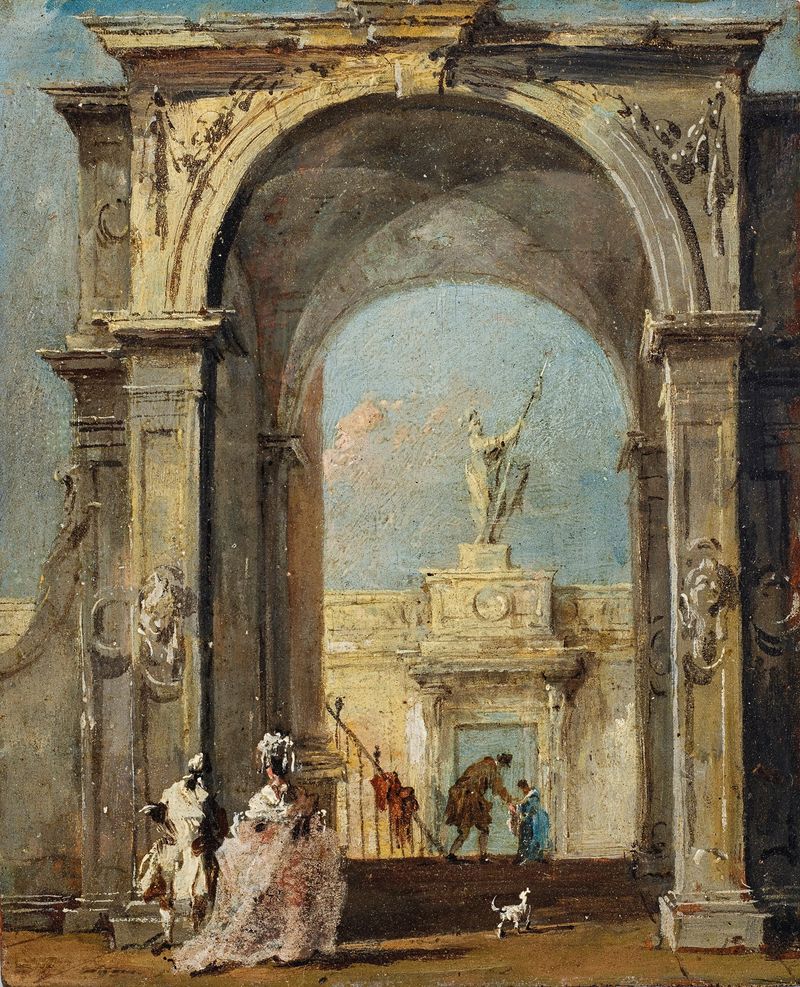 Óleo sobre tela de Francesco Guardi mostrando figuras elegantemente vestidas e um cachorro na entrada de um palácio.