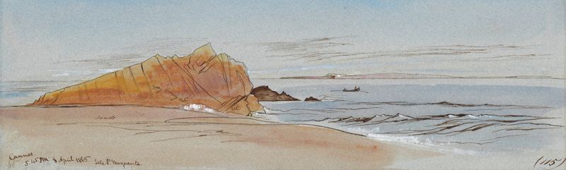 Cena marinha de Cannes por Edward Lear, pintura a óleo com costa e luz do sol.