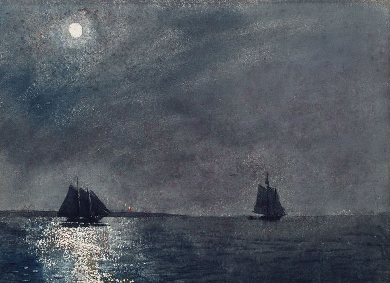 Eastern Point Light de Winslow Homer, óleo sobre tela representando um farol ao pôr do sol.