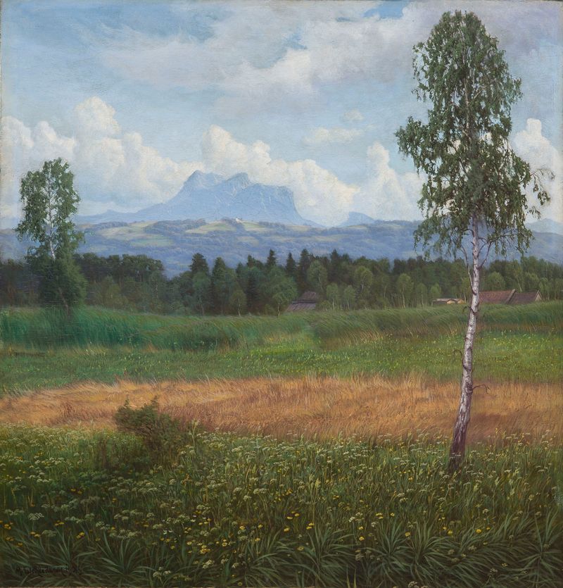 Landscape oil painting by Michael Licklederer depicting rolling hills and a muted sky