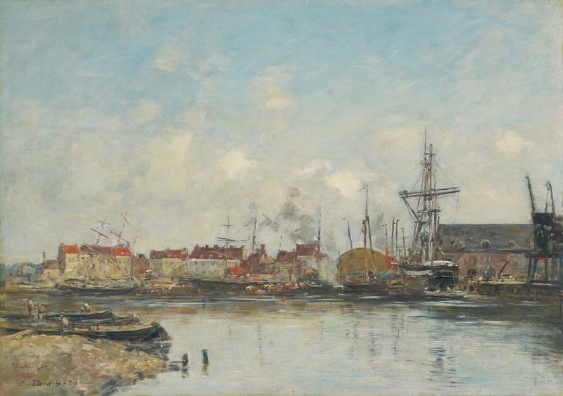 Dunkerque, le vieux bassin de Eugène Boudin, impresionismo, escena marina con barcos y reflejos en el agua
