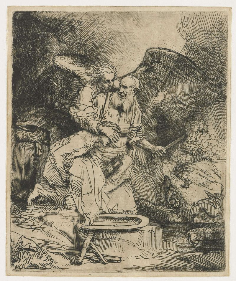 O Sacrifício de Abraão, gravura de Rembrandt van Rijn, mostra Abraão cobrindo os olhos de Isaque.
