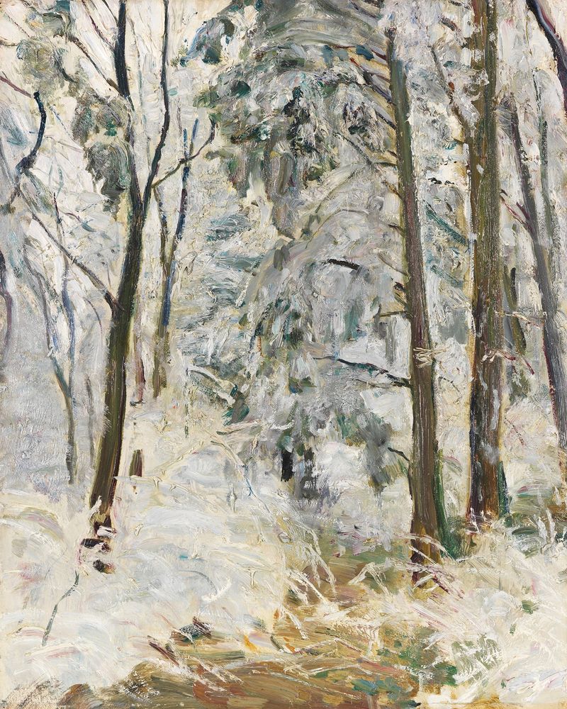 Verschneiter Waldweg de Max Slevogt, pintura al óleo que representa un camino forestal nevado.