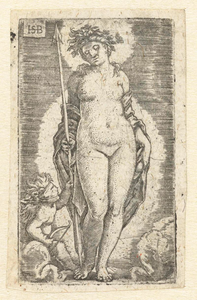 Grabado de Hans Sebald Beham que representa a Venus y Cupido en un abrazo íntimo.