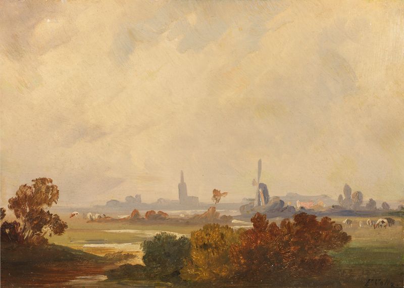 Autumn landscape with light reflections on water by Friedrich Voltz, oil painting.