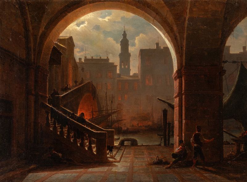 Rialto Bridge at night, oil painting by Ludwig Mecklenburg, featuring deep blues and reflections on water.