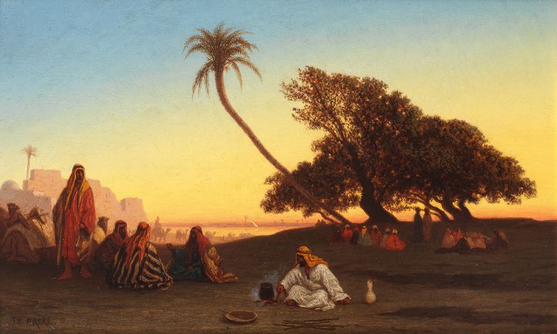 Romanticism landscape by Charles Théodore Frère, depicting twilight over the Nile with palm trees.