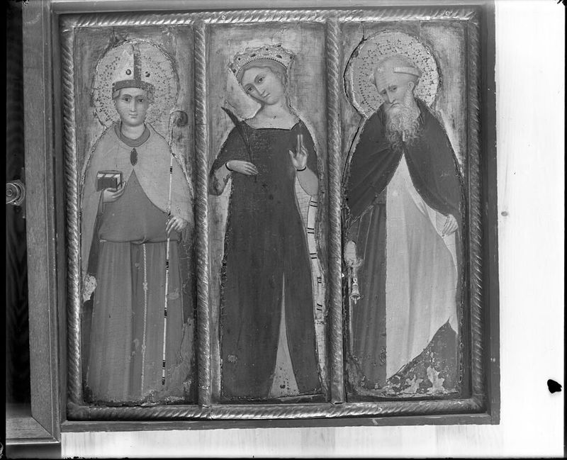 San Luis de Toulouse, una Santa Anónima y San Antonio Abad, temple sobre panel por Maestro del Retablo de San Silvestre