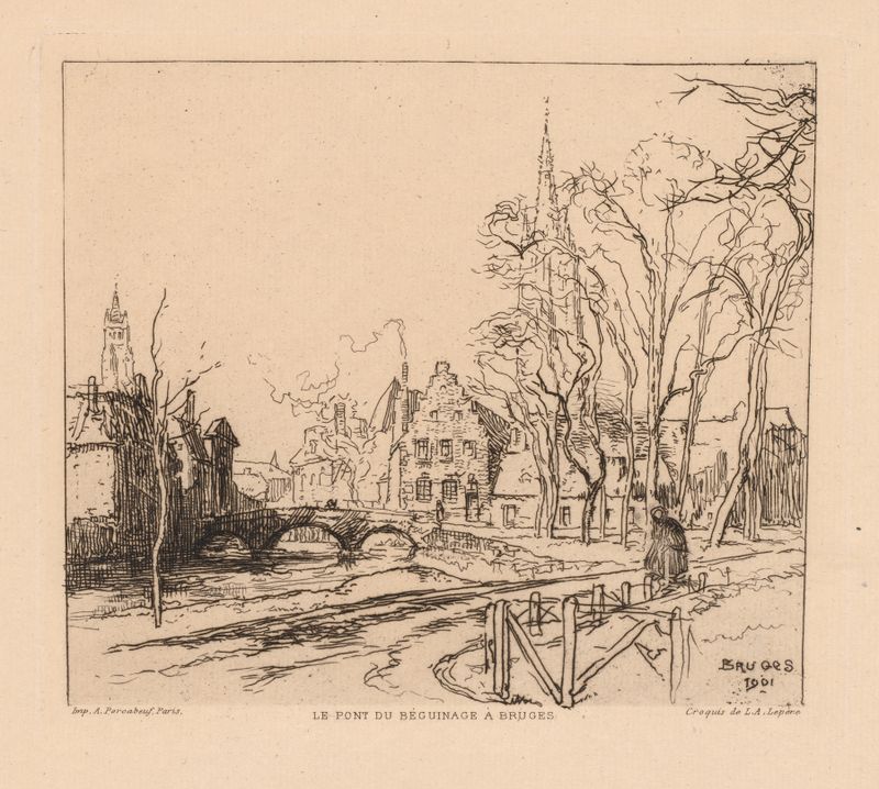 La Pont du Beguinage à Bruges, grabado de Auguste Louis Lepère