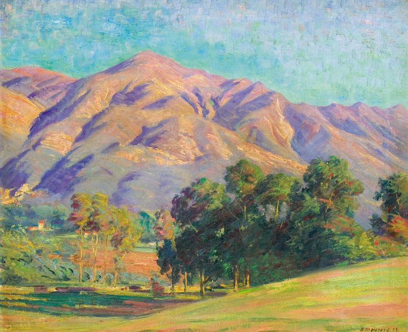 California Landscape de Arthur Merton Hazard, Impressionismo, retratando colinas onduladas e folhagem vibrante.