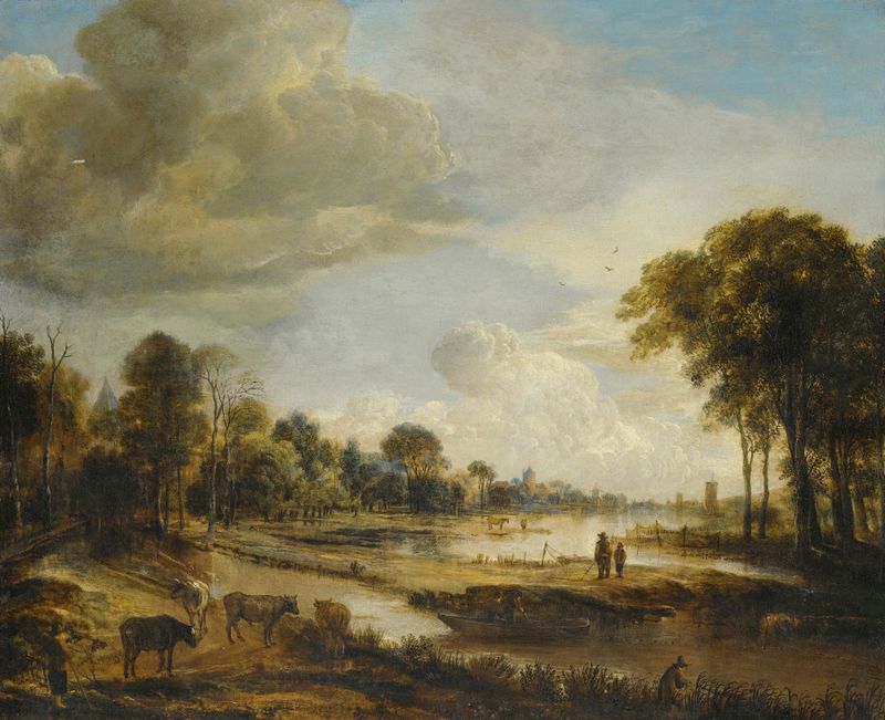 Aert van der Neer, óleo sobre lienzo que representa un paisaje fluvial con figuras y ganado.
