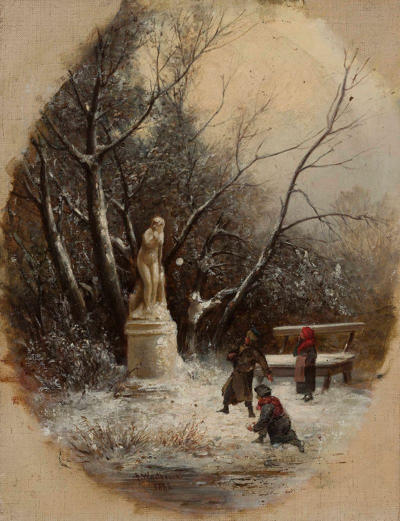 Children playing around a statue in a garden, by Franciszek Wastkowski, 1882