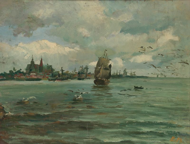 Seascape de Elias Muukka, óleo sobre tela retratando um pôr do sol sobre o oceano.