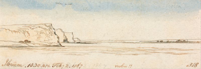 Paisagem com horizonte em ocres e azuis de Edward Lear, pintura a óleo