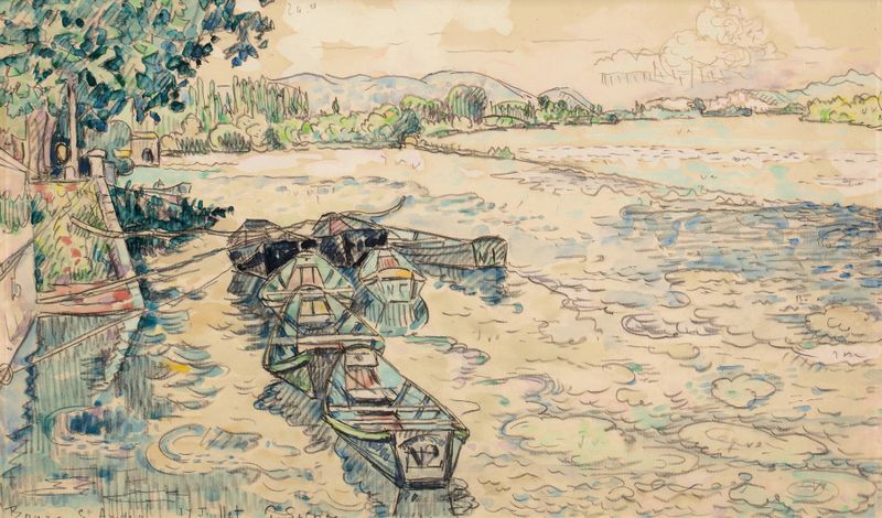 Bourg-Saint-Andéol de Paul Signac, óleo sobre tela representando um rio e uma vila com luz vibrante