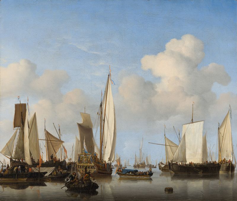 Ships in the Roads de Willem van de Velde el Joven, pintura al óleo que muestra aguas tranquilas y barcos.