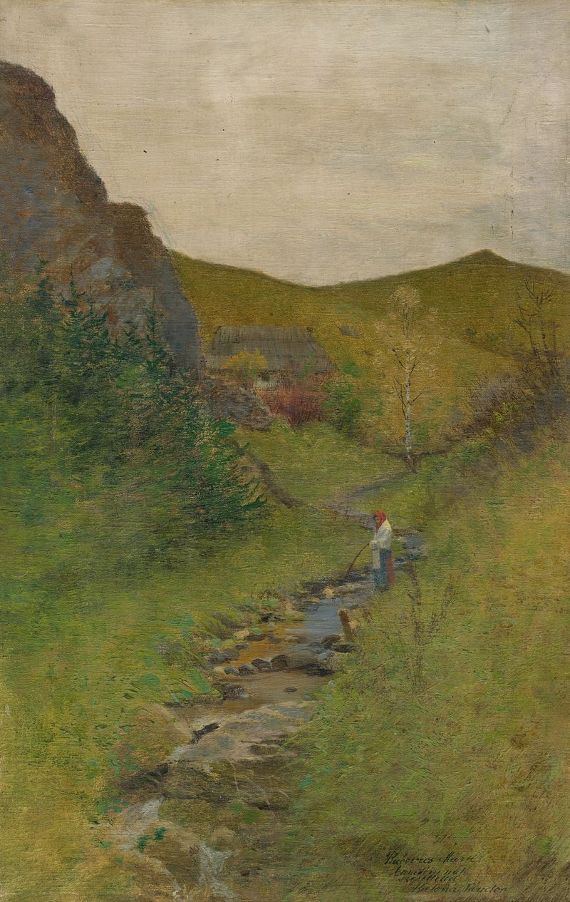 Pintura a óleo de paisagem de Ferdinand Katona com um riacho e vegetação exuberante
