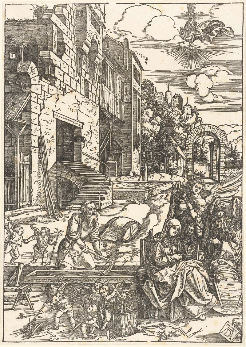 De Heilige Familie in Egypte de Albrecht Dürer, meio papel, apresentando Maria, José e o menino Cristo.