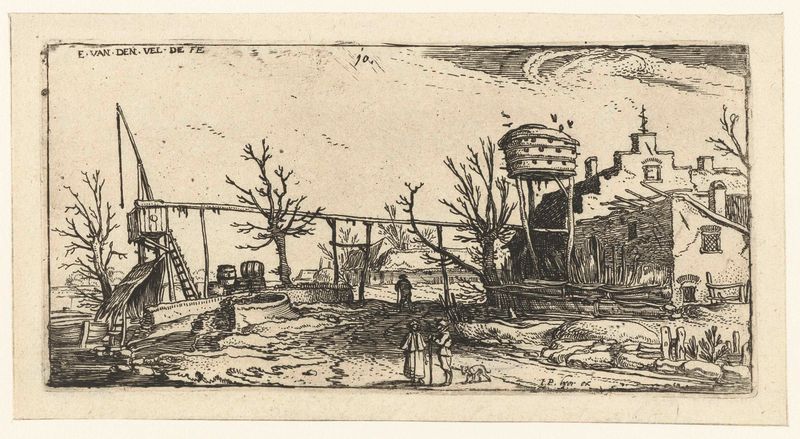 Landschap met een brouwerij, gravura de Esaias van de Velde, retratando uma paisagem serena com uma cervejaria.