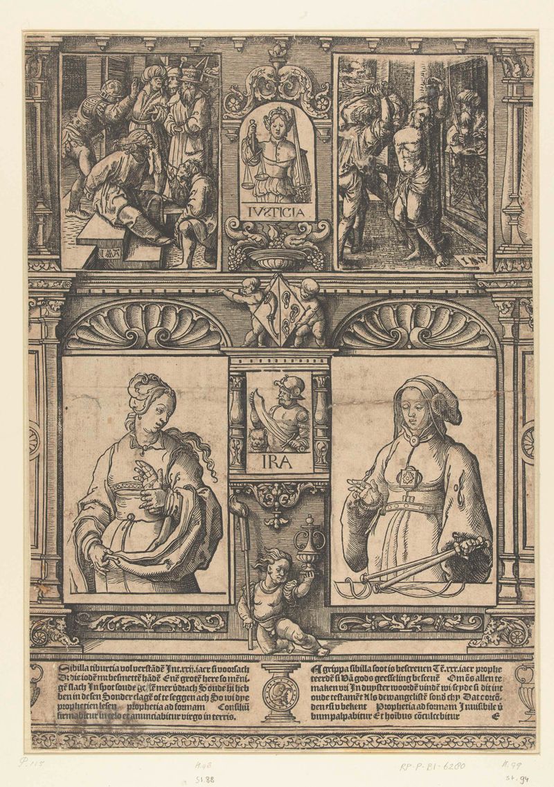 Obra em papel renascentista de Jacob Cornelisz van Oostsanen com duas Sibilas e cenas de desgraça.