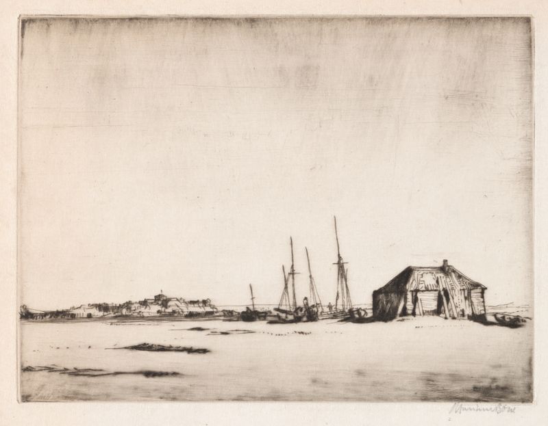 Engraving by Muirhead Bone depicting a landscape with a winding river and fields.