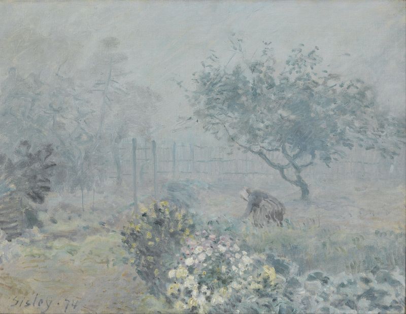 Fog, Voisins de Alfred Sisley, pintura a óleo que retrata uma paisagem enevoada com luz suave.
