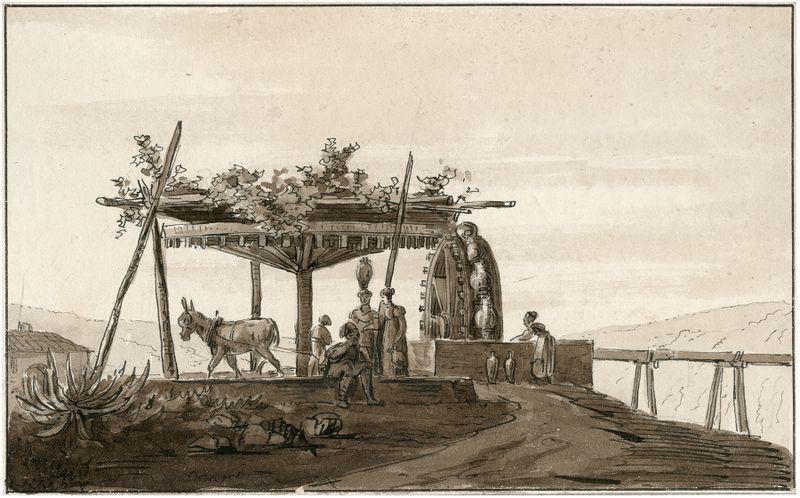 Genre scene depicting a water well with intricate wheelwork by Otto Howen
