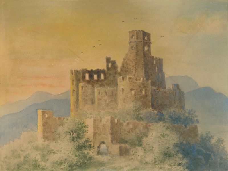 Pintura a óleo de paisagem de Viktor Myskovszky mostrando ruínas sob a luz do sol