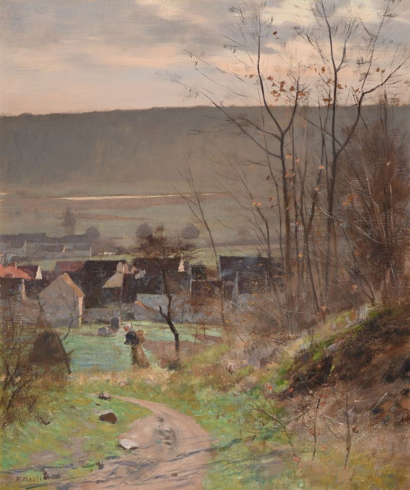 Paisaje invernal con una figura solitaria, pintura al óleo de Joseph-Paul Meslé