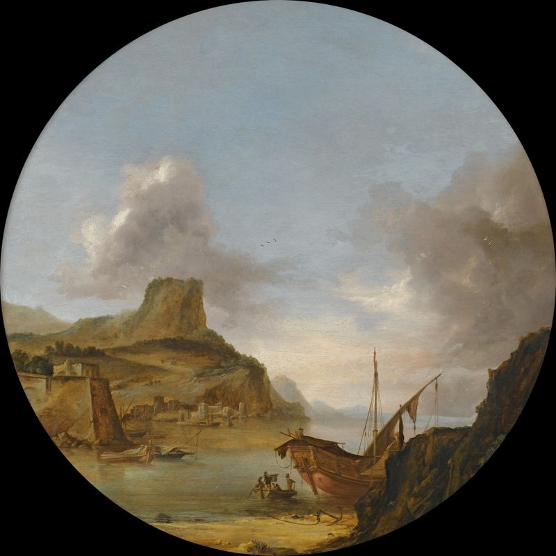 An Italianate Harbour de Artus del Monte, retratando barcos em águas tranquilas em um meio desconhecido.
