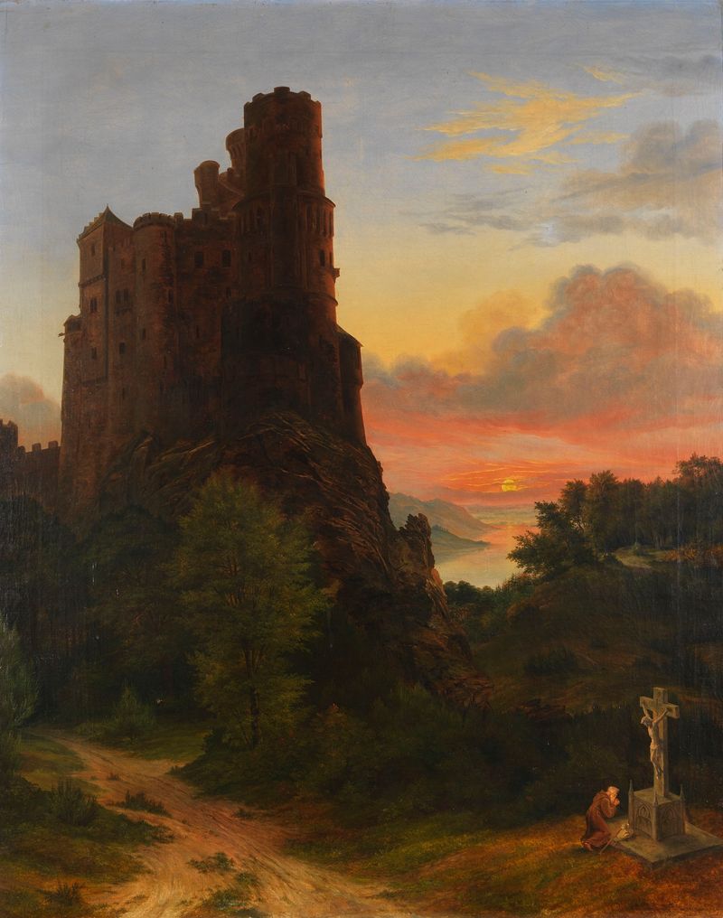 Romantische Landschaft mit Burg, óleo sobre lienzo de Josef Winkelirer, que representa un castillo en una colina rodeado d...