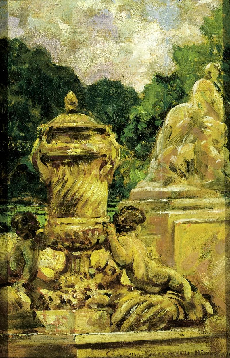 Jardin de la Fontaine, óleo sobre lienzo de James Carroll Beckwith, con un camino sereno y vegetación exuberante.