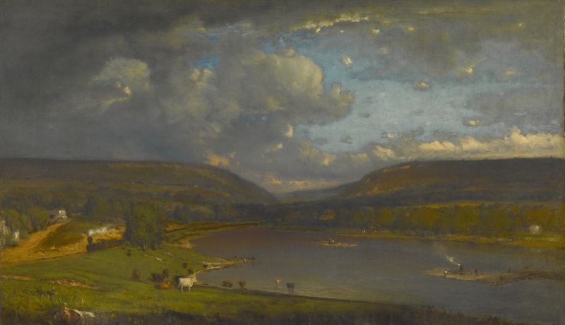 Pintura al óleo de George Inness que presenta un río, nubes en espiral y tonos de crepúsculo