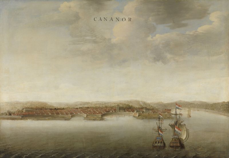 View of Cannanore on the Malabar Coast in India, oil painting by Johannes Vinckboons