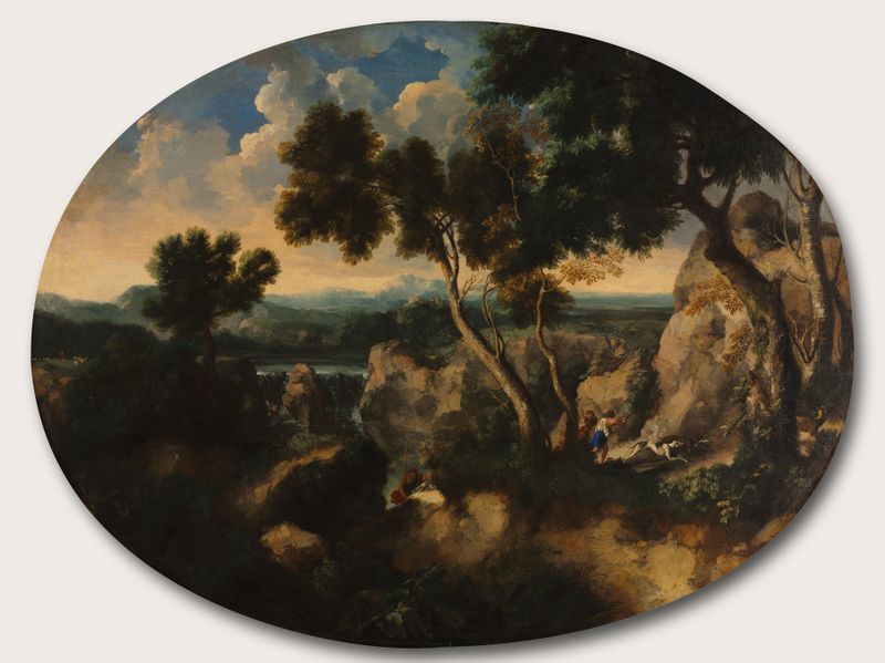 Rocky landscape with hunters, oil on canvas by Gaspard Dughet