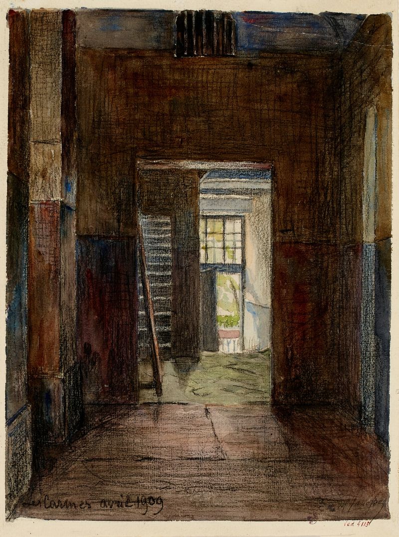 Interior of a convent with wooden pews, by Georges-Henri Manesse, oil painting
