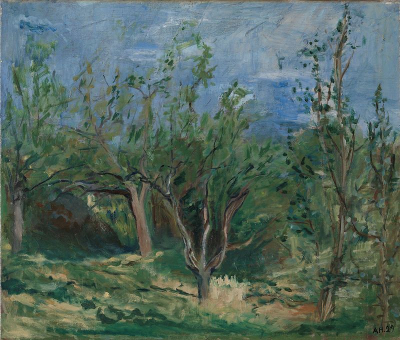 Velhas Macieiras de Agnes Mannheimer Heiberg, expressionismo, retratando um pomar com árvores retorcidas