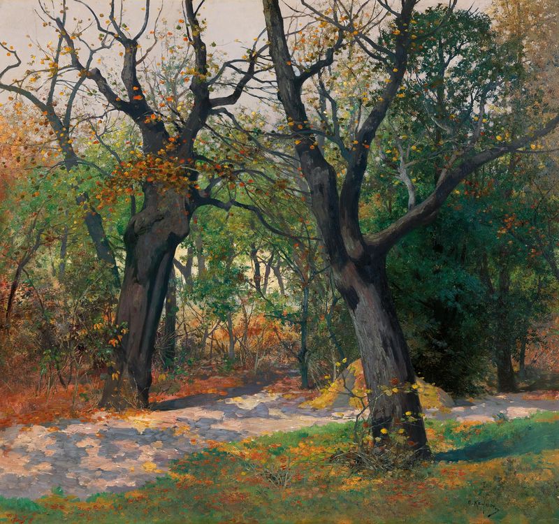 Autumn Morning pintura al óleo de Adolf Kaufmann que representa un paisaje tranquilo con hojas ámbar y niebla.