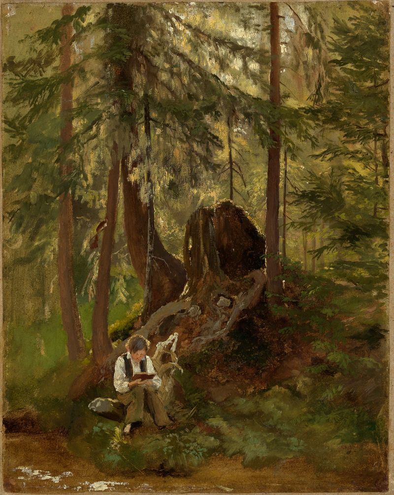 Pintura al óleo de Hans Thoma que muestra a un niño leyendo en un bosque