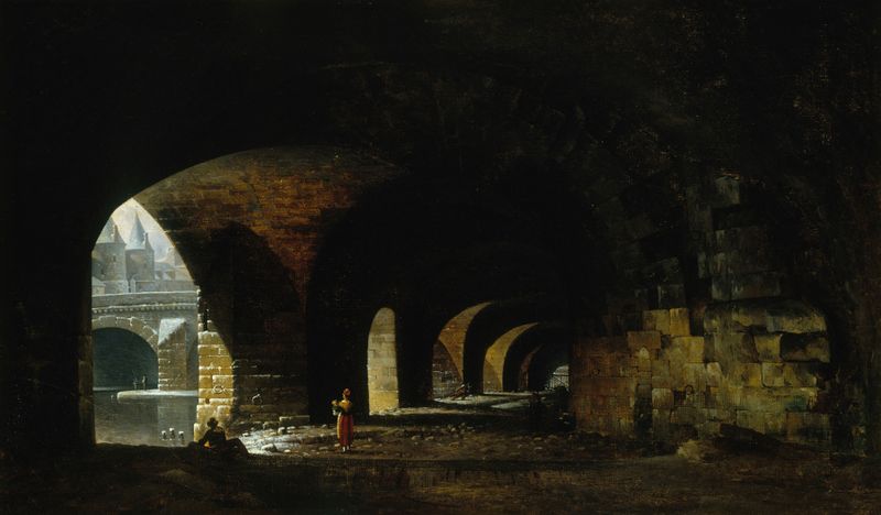 Oil painting by Auguste Jacques Régnier depicting an archway over a river.