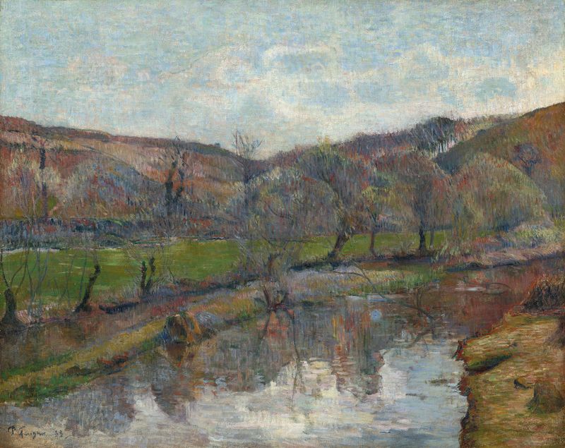 Brittany Landscape de Paul Gauguin, óleo sobre lienzo que representa colinas onduladas y vegetación exuberante.